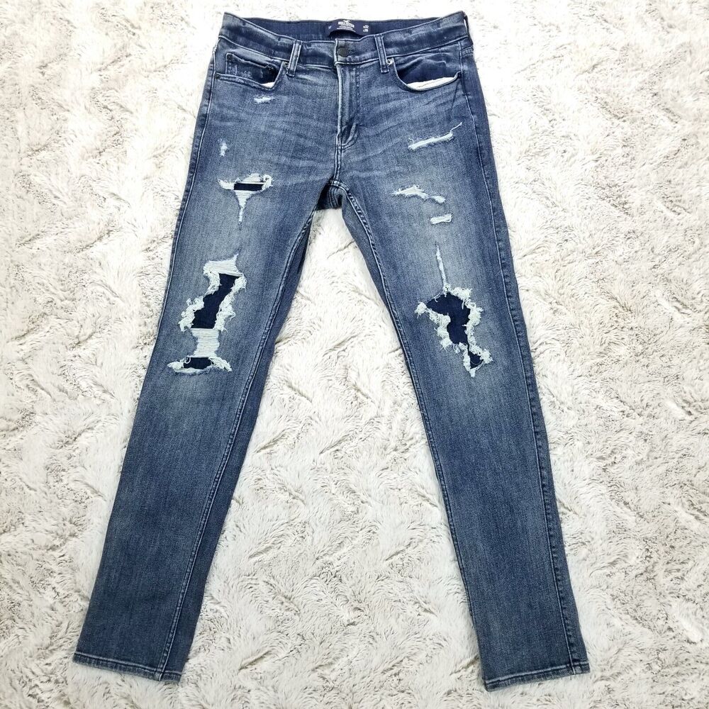 Hollister Jeans Mens 32×32 Blue Stacked skinny Distressed Dark Wash Denim